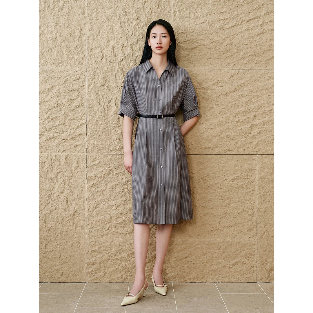 INSUN恩裳 2025夏季休闲时尚条纹衬衫连衣裙9C65205050