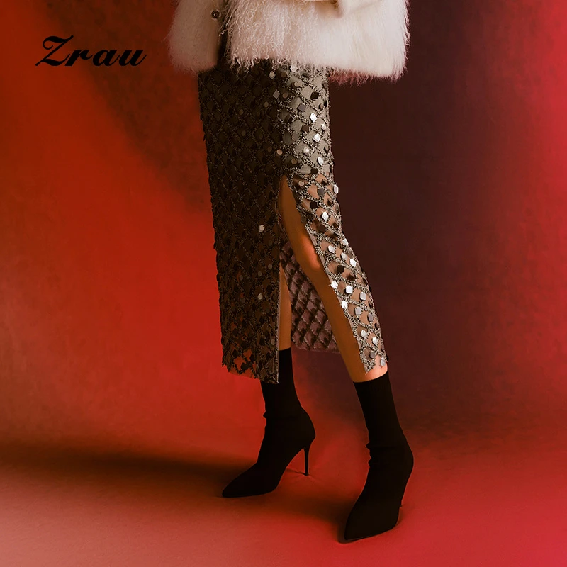 【达人专属】ZRAU华丽重工亮片拼接镂空半身裙91180141153