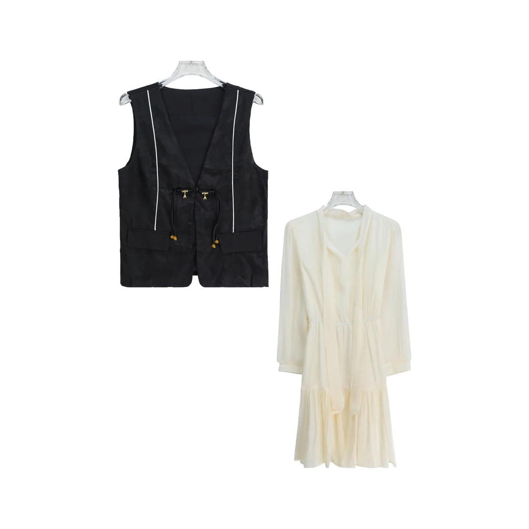 新中式盘扣印花马甲气质名媛风长袖裙套装S2148