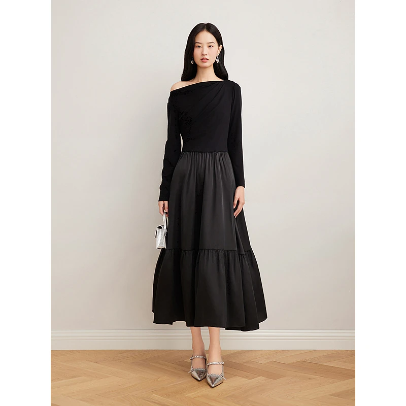 Goodland美地2025春季新款优雅赫本黑色气质连衣裙LC35105110