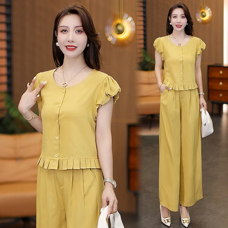 2025夏季新款时尚套装女洋气遮肉显瘦减龄短袖上衣阔腿裤两件套潮