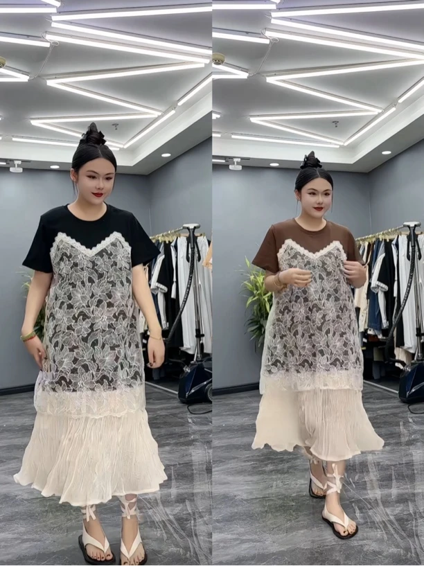 夏季新款韩系气质显瘦蕾丝提花拼接假两件短袖连衣裙大码胖MM