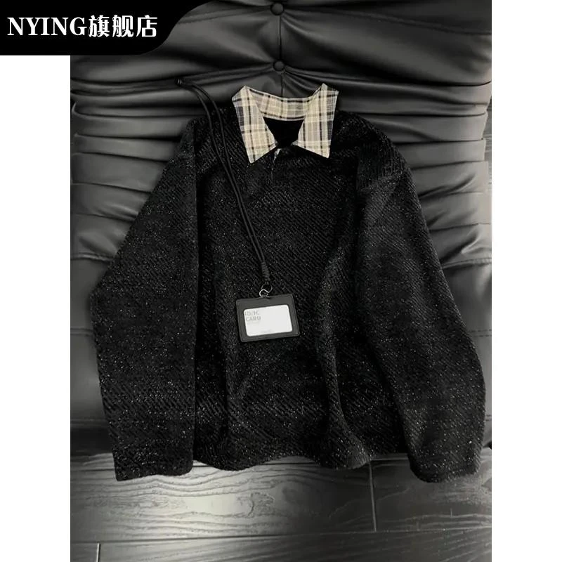 NYING满天星假两件针织卫衣男女同款加绒加厚重磅打底polo衫上衣