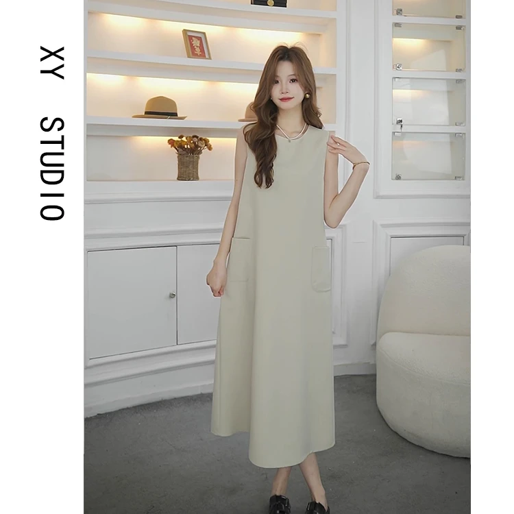 LZ 律动莫兰迪通勤无袖背心连衣裙2024夏季新品显瘦时尚法式复古