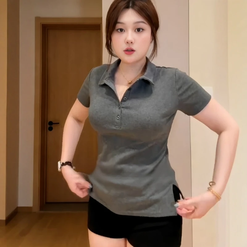大码女装POLO领灰色掐腰正肩短袖t恤夏季新款胖mm显瘦开叉小上衣