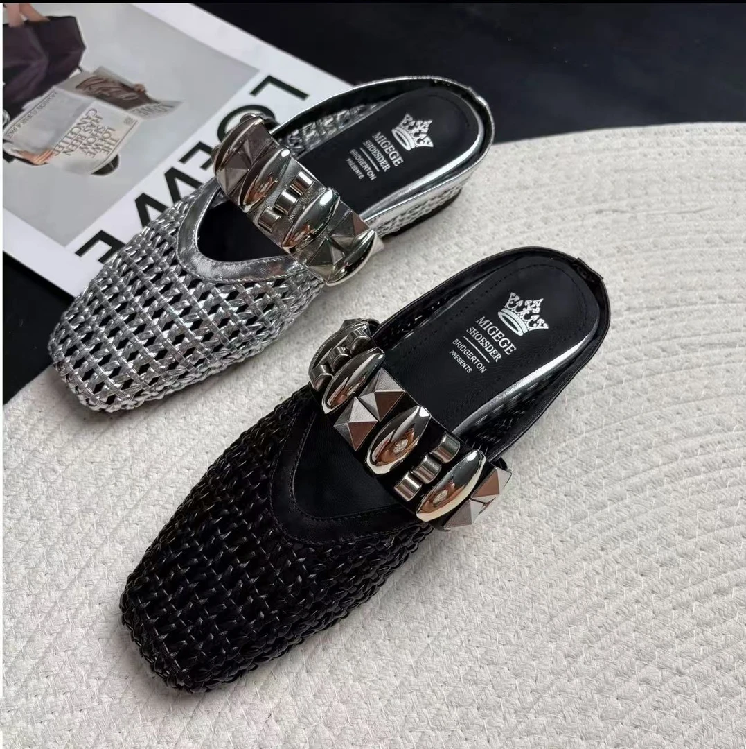 欧美风韩版方头透气凉鞋包头拖内增高休闲包头水钻036