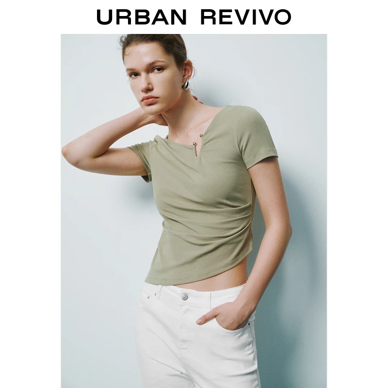 UR2025夏季新款女装金属扣饰褶皱不规则短袖T恤UWM450084