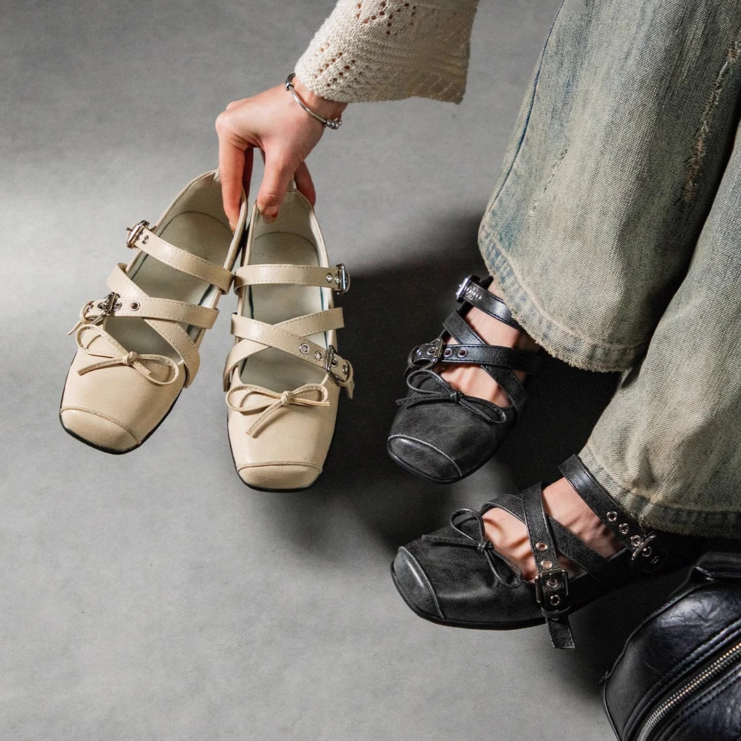 韩版～猪鼻浅口复古玛丽珍鞋新款方头厚底芭蕾舞鞋蝴蝶结单鞋女