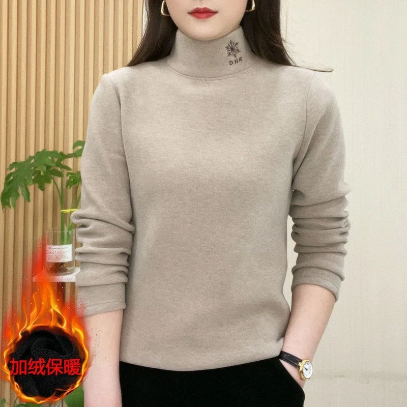 保暖纯色长袖半高领民族风秋冬冬季百搭打底衫加绒加厚修身宽松