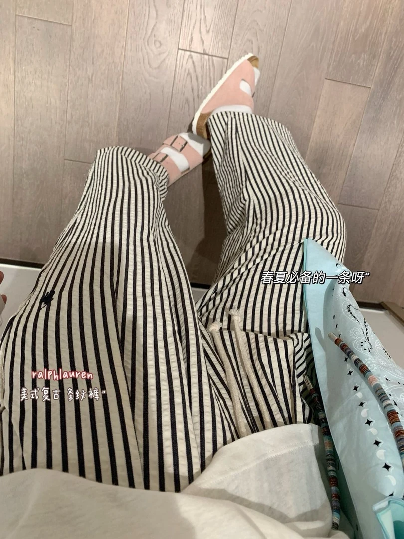 复古风 夏季小马显瘦条纹裤 豆姐穿L效果