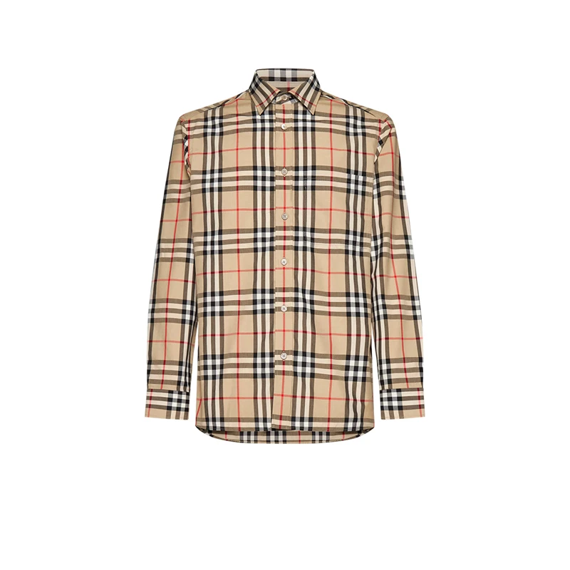 Burberry男款衬衫时尚百搭休闲棕色经典格纹棉质舒适翻领长袖外衣