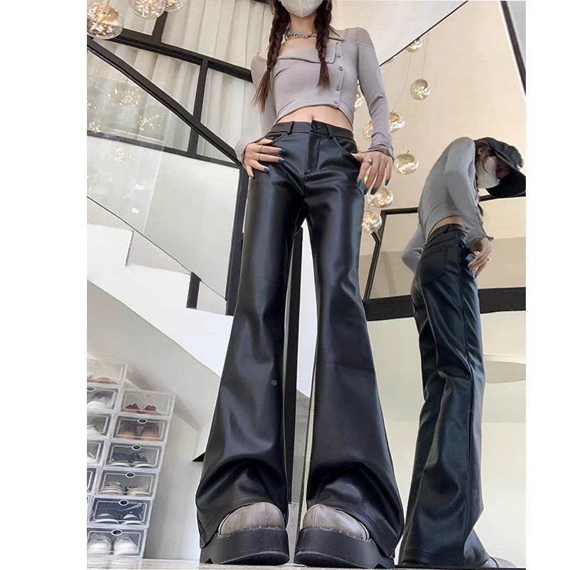 加绒喇叭皮裤女秋冬2025新款修身微喇裤显瘦垂坠感PU薄绒马蹄裤子