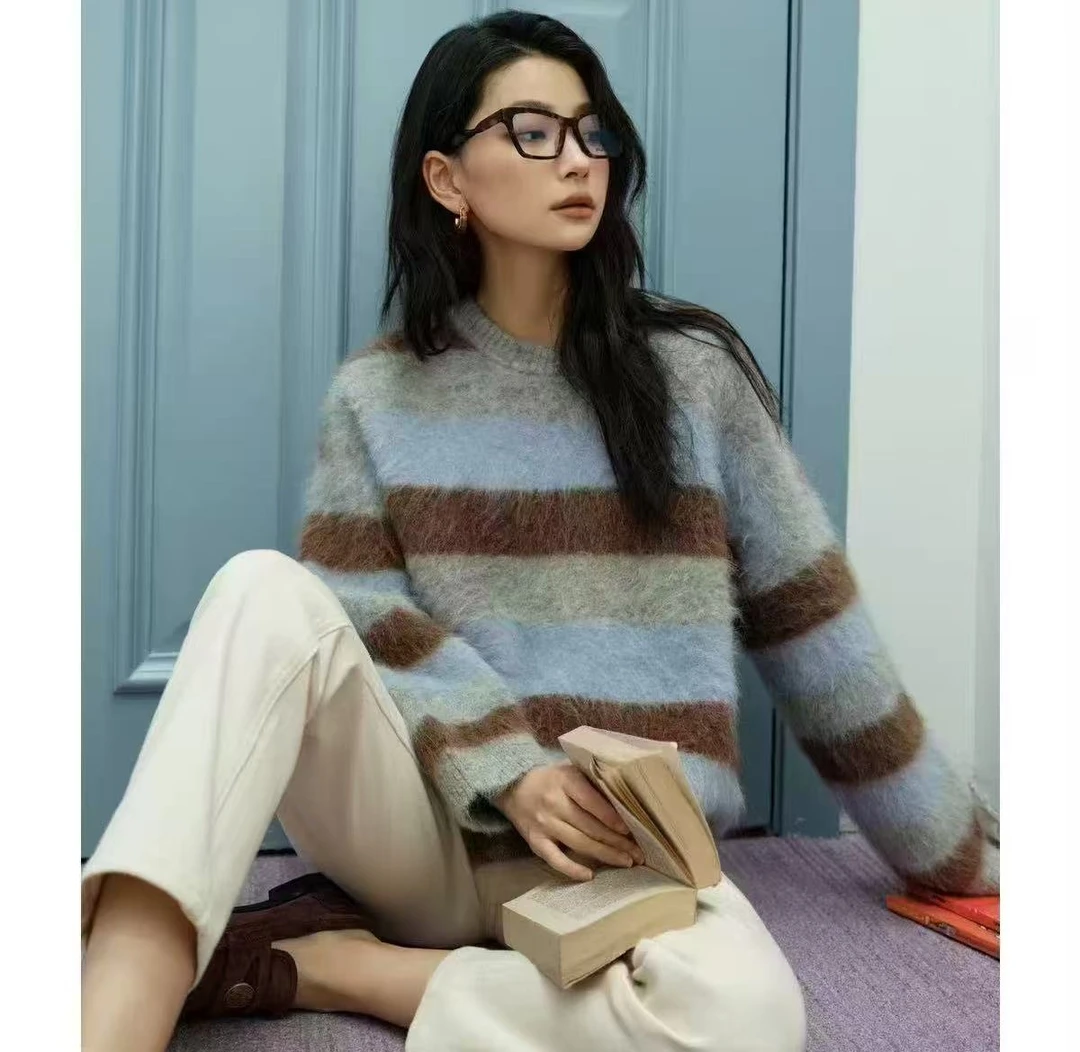 2128活动 三文鱼圆领条纹拉毛ins风