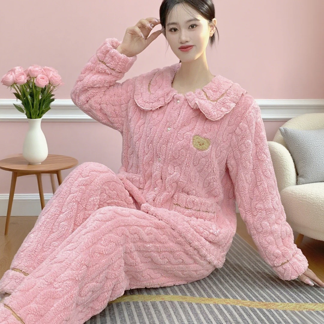 睡衣女加绒法兰绒加厚冬款2025年珊瑚绒冬季新款家居服套装【Y91】