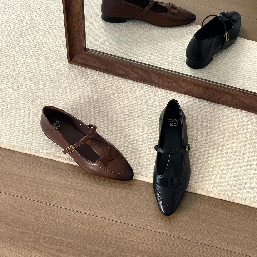 HUSSLOVE 头层牛皮·跟高2CM·法式休闲风蝴蝶结百搭浅口舒适单鞋