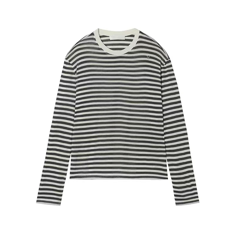 UHOOWU 圆领条纹宽松长袖T恤