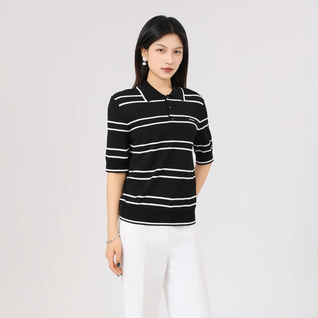 AMASS/阿玛施早春新款短袖上衣极简风百搭气质条纹撞色T恤538009