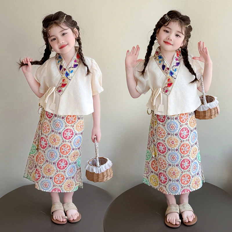 女童夏季套装2025新款儿童洋气民族风两件套宝宝度假风傣族服装