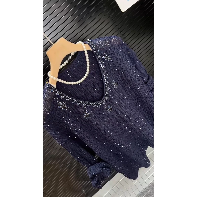 欧货2025秋冬新款重工气质减龄藏蓝色针织衫长袖t袖打底衫洋气