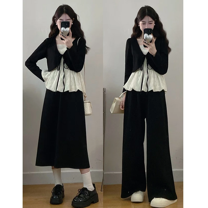 大码胖mm女装新款假两件蕾丝拼接上衣+半裙裤子两件套装女