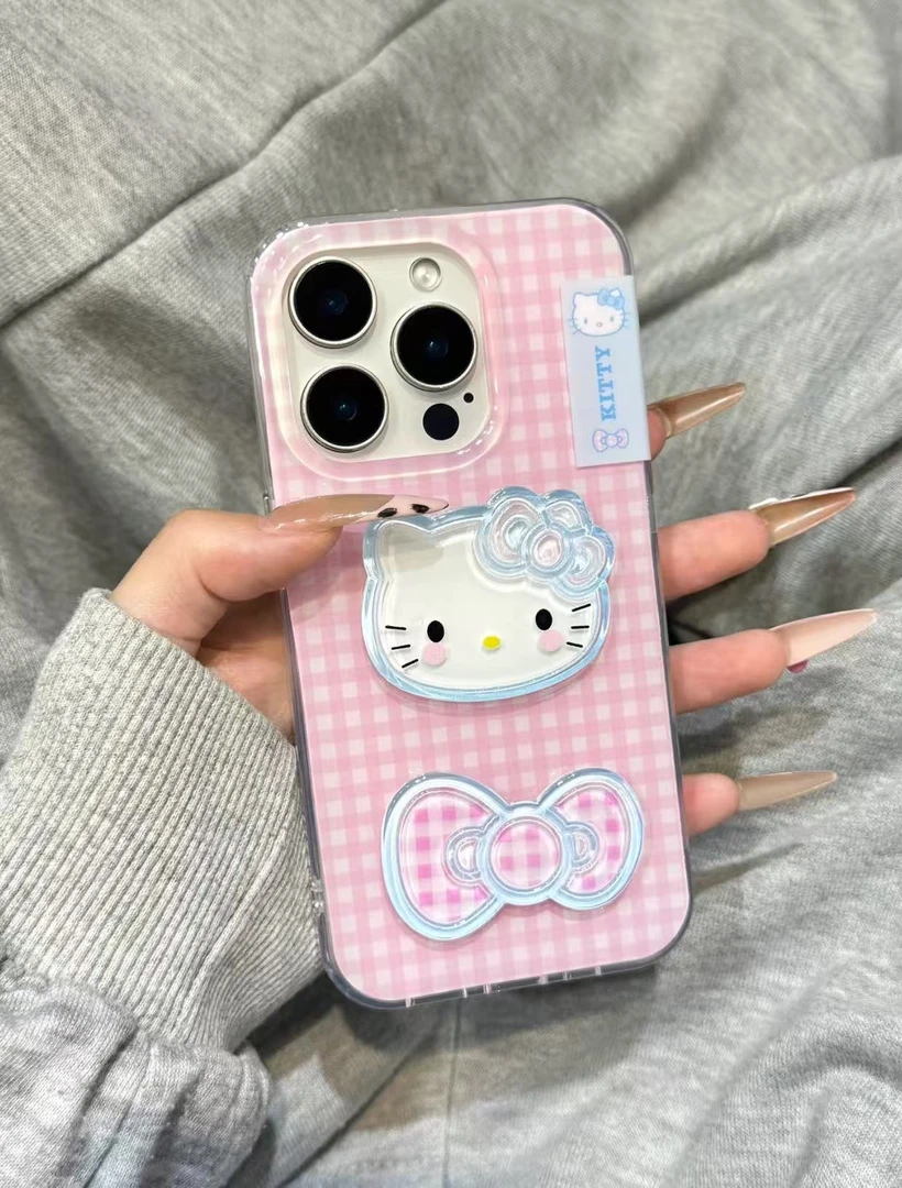 红色格纹kt猫立体适用iphone16promax手机壳华为oppo小米vivo一加