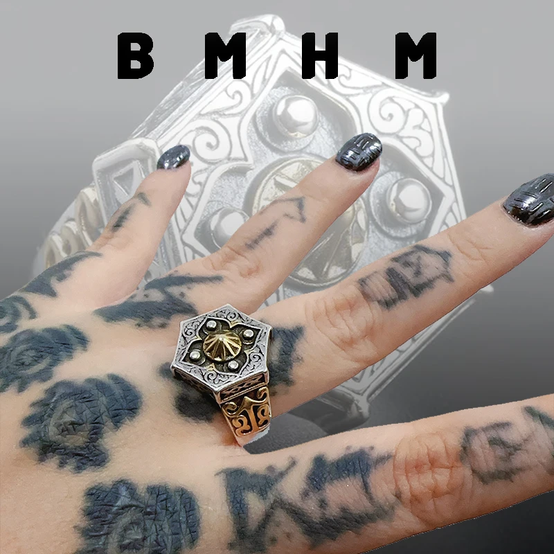 BMHM 铜合金戒指 小众古五边形复古个性霸气朋克重工八卦开口戒