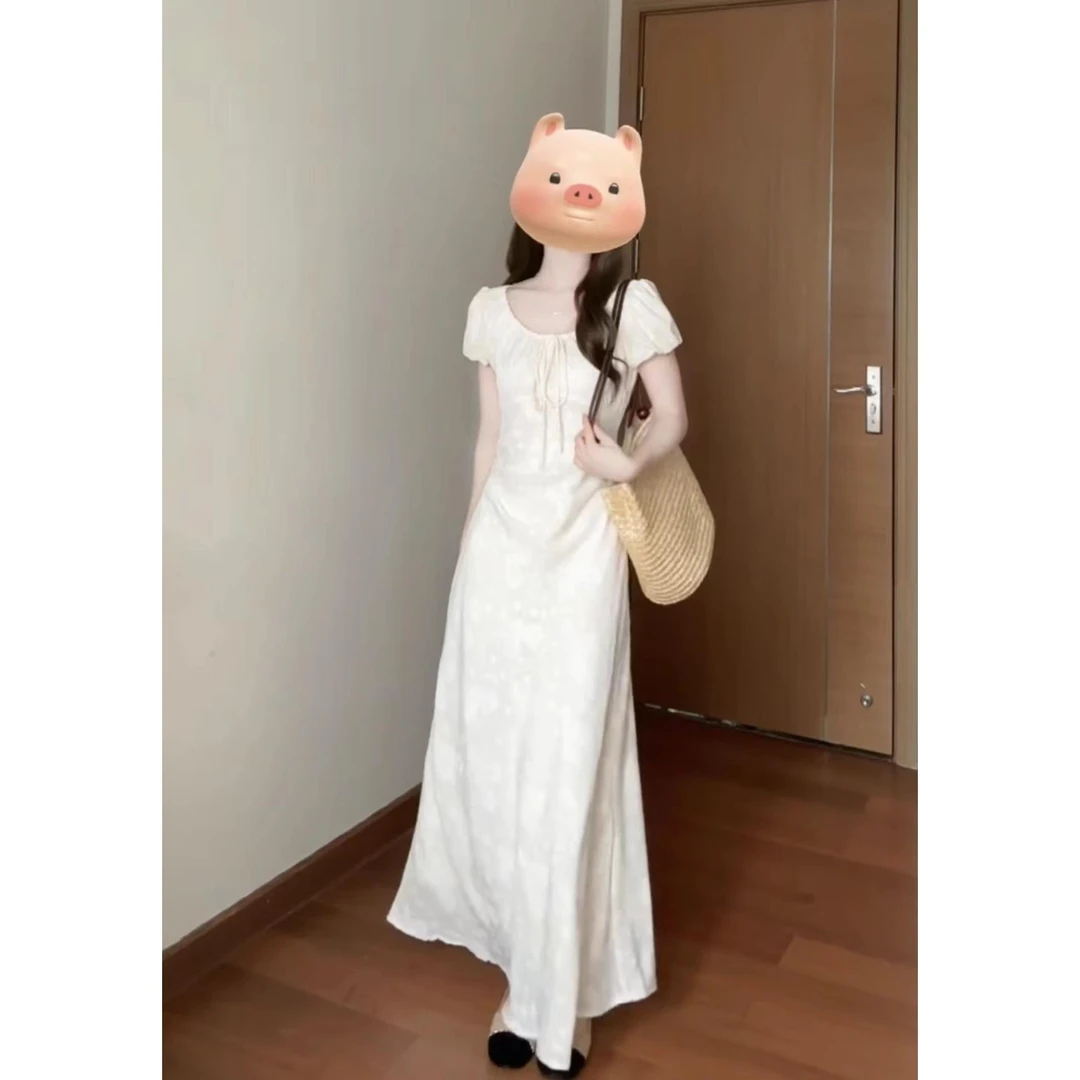 茶歇法式优雅提花圆领连衣裙女夏季2025新款御姐温柔风气质长裙子