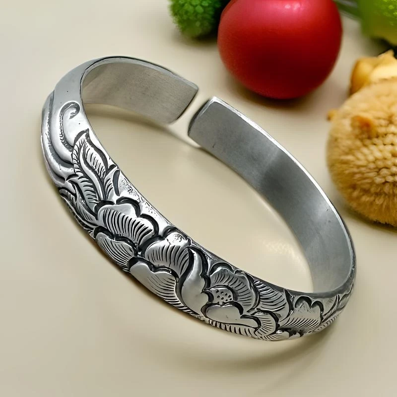 足银手镯 四宝银饰足银999牡丹古法哑光民族风精美百搭开口手镯