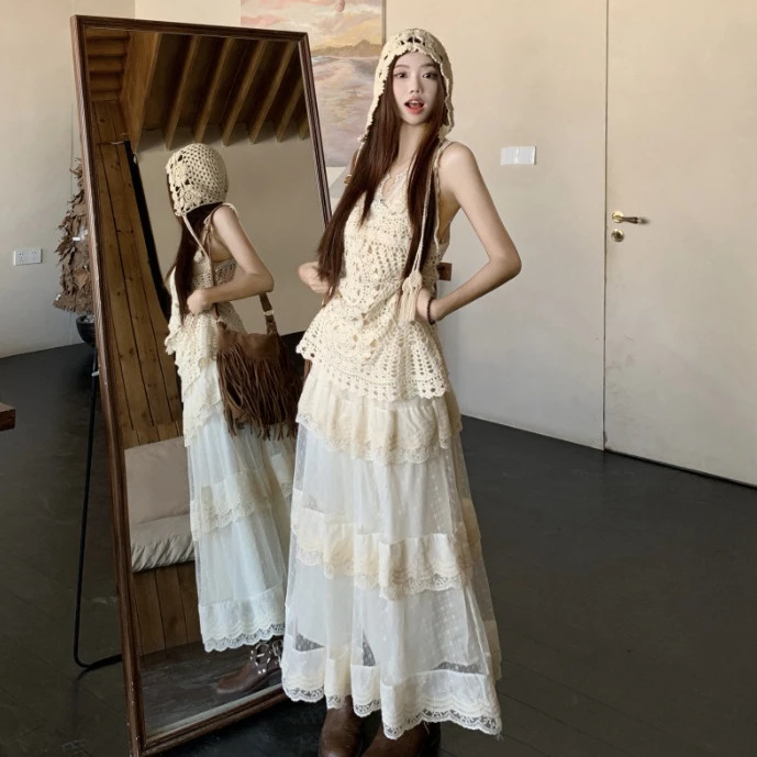 蕾丝内搭吊带针织镂空背心蛋糕裙套装2025春季新款时尚三件套女潮
