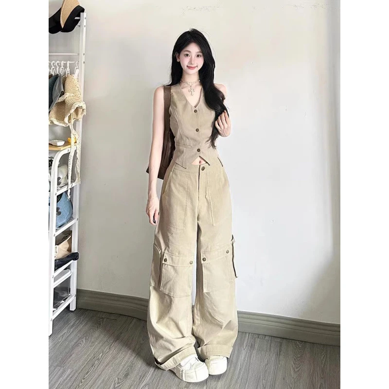 港风复古运动服套装女夏季马甲背心工装休闲两件套潮