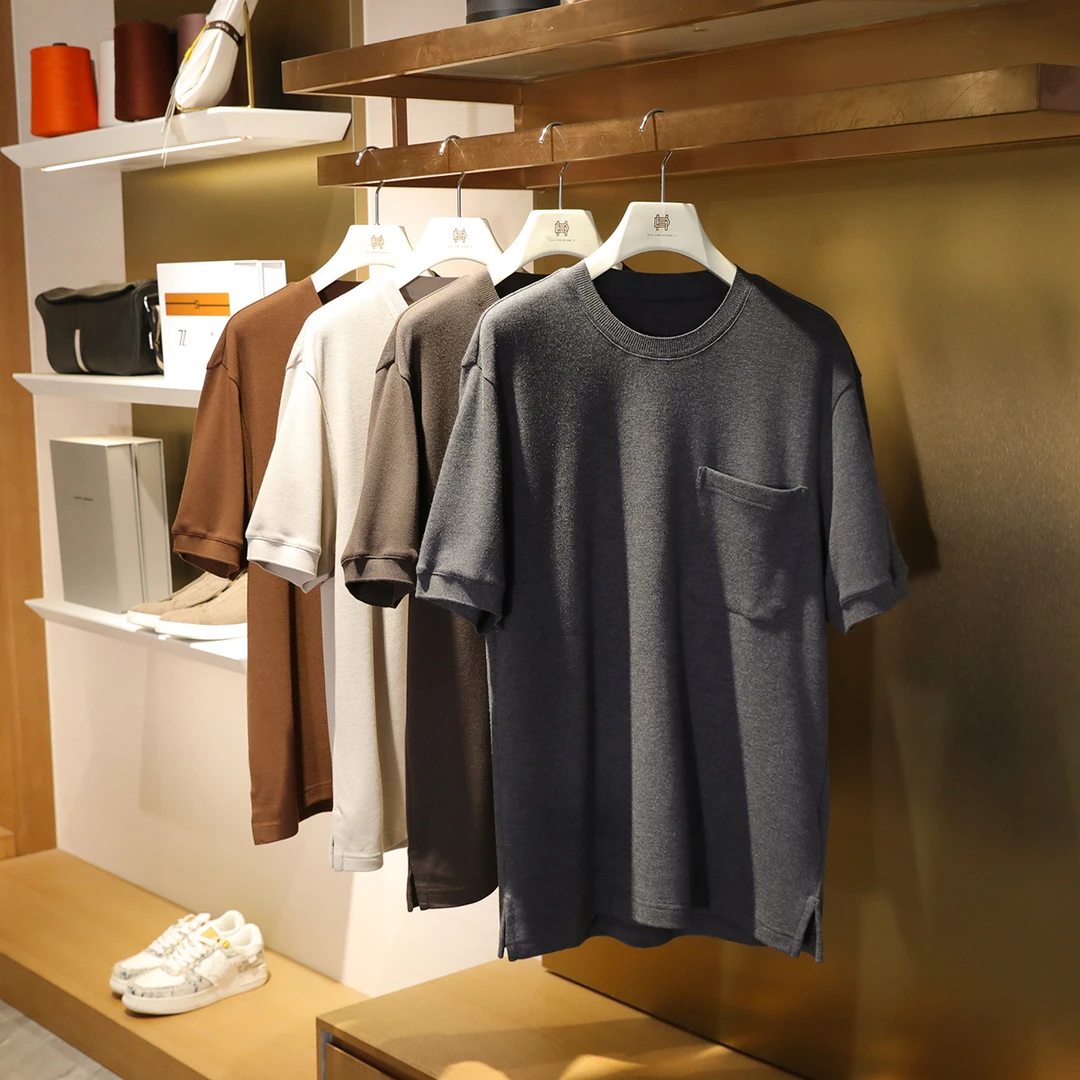 意奢老钱风2025夏新款男商务休闲混纺廓型圆领T恤1080