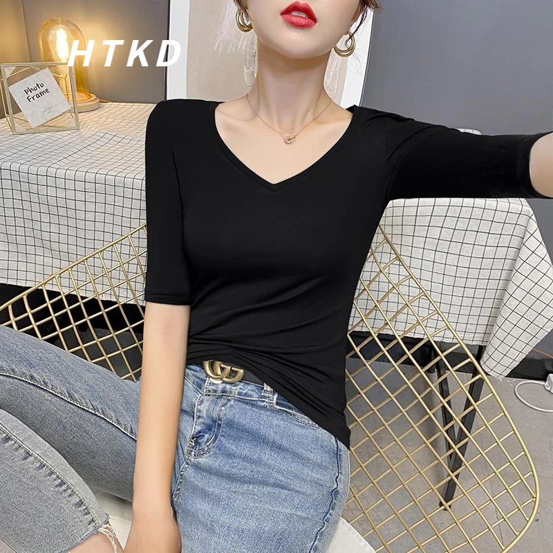 黑色莫代尔v领中袖上衣t恤女夏春秋新款五七分袖鸡心领打底衫内搭