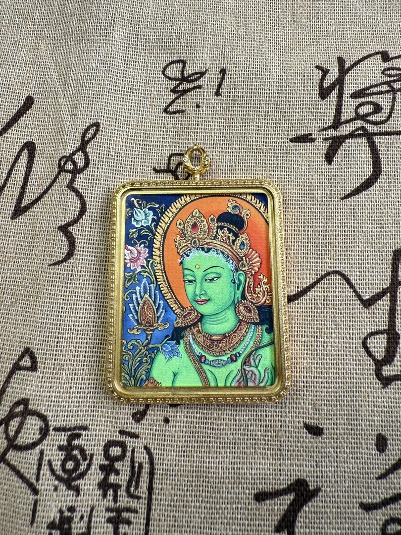 藏式祝福绿度母热贡唐卡 金色方形吊坠民族风唐卡