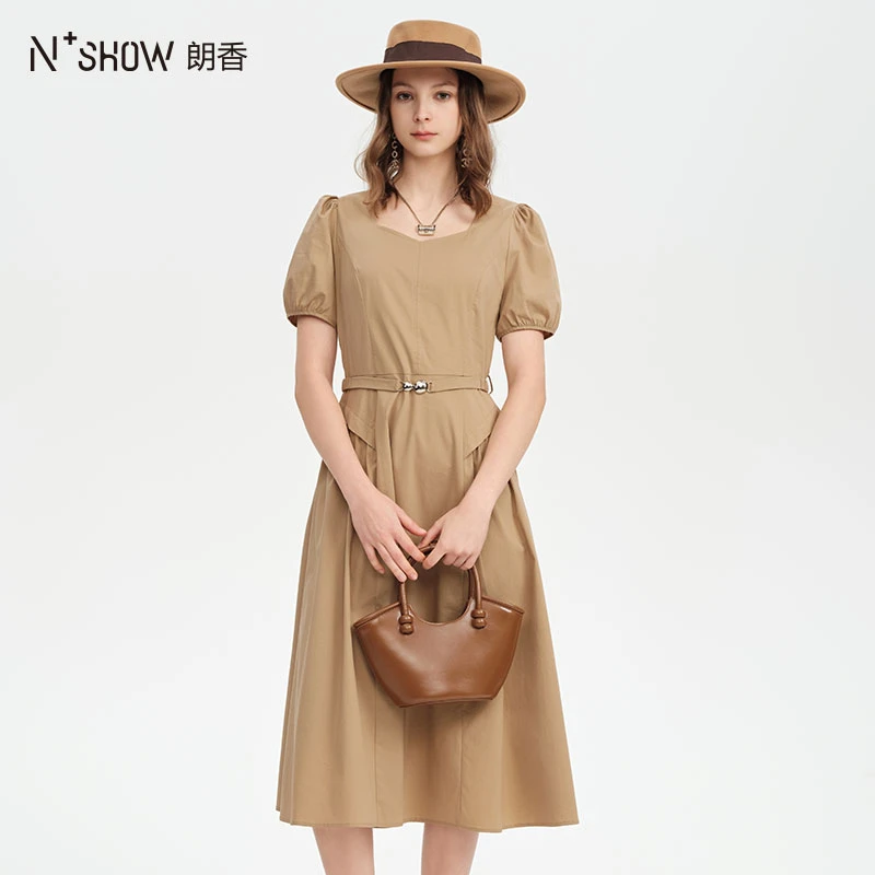NOWSHOW朗香夏季新品赫本风高级咖色短袖显瘦大裙摆连衣裙252064