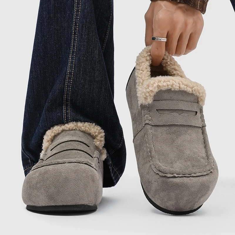 圆头勃肯鞋男士2025秋冬英伦风加绒一脚蹬雪地靴灰色 黄色-H