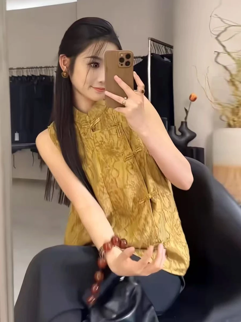 磨砂马甲A195 常规款短款薄款女款马夹斜襟复古古风和纸纱净面