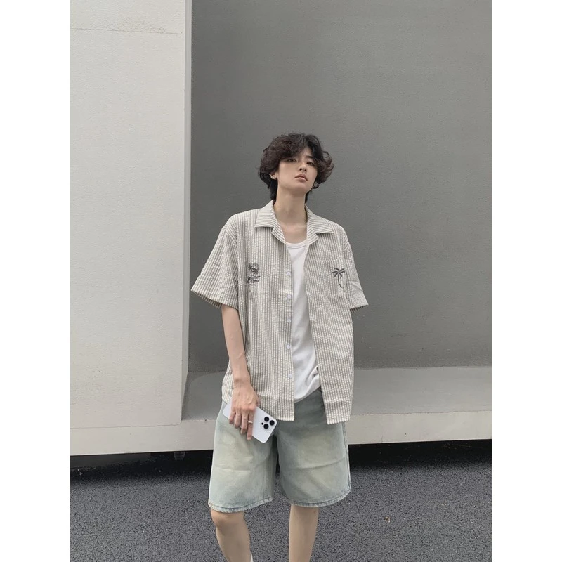 一衬 刺绣条纹度假衬衫很抗皱很喜欢 一起去海边 男女