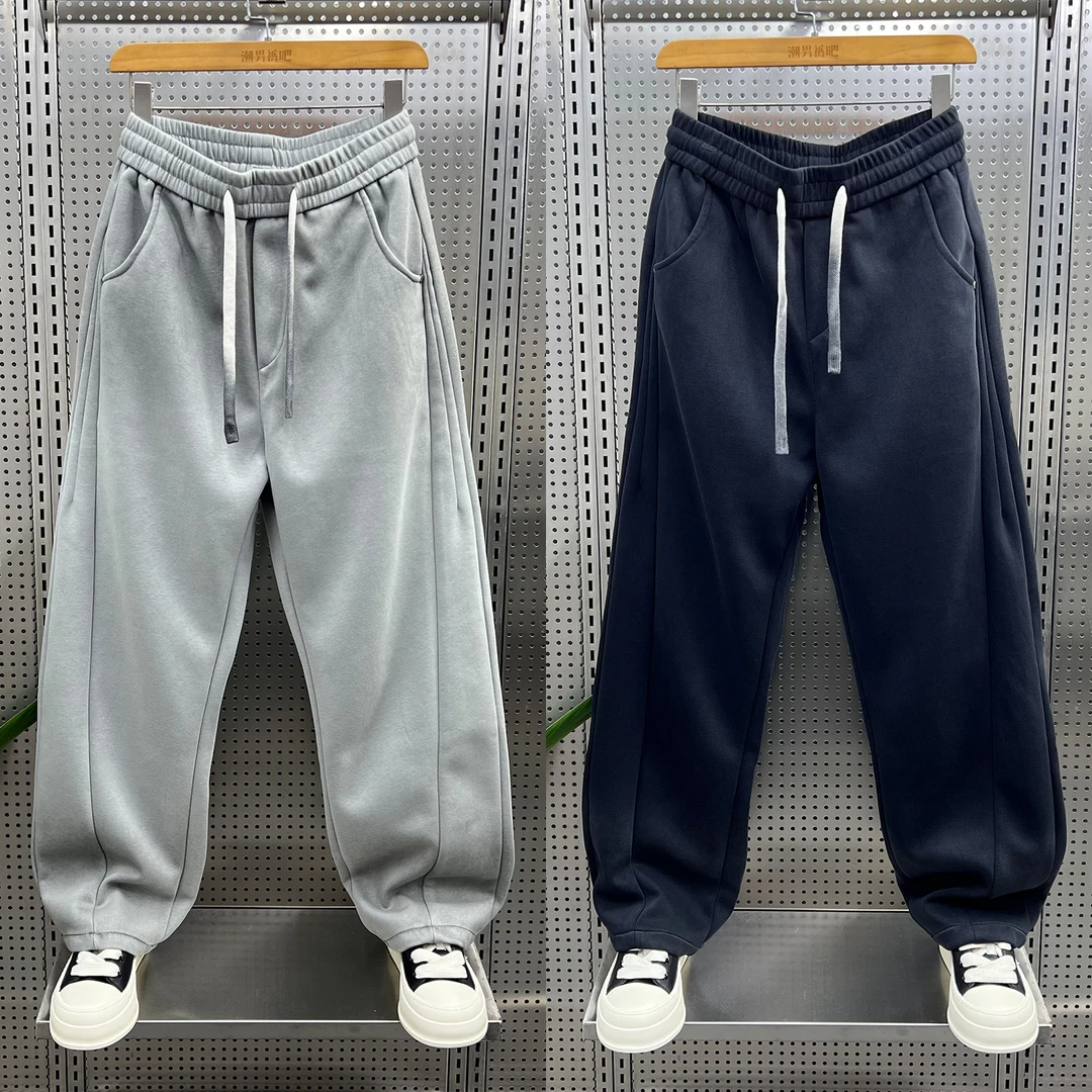 早秋新款美式重磅加厚休闲裤男款宽松阔腿运动卫裤渐变拼接弯刀裤