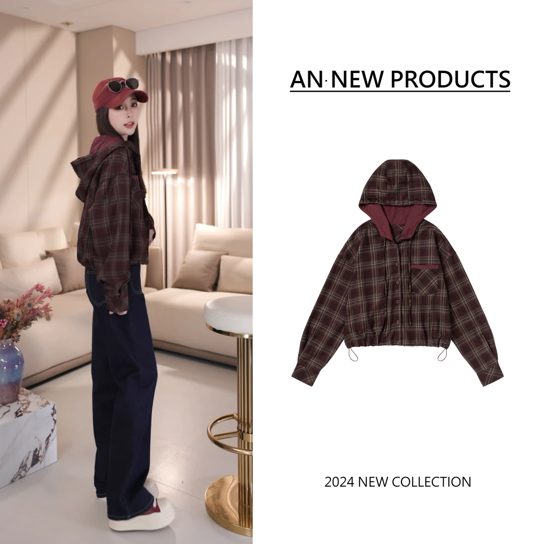 【巴黎街头】B8253秋季新款洋气小众时尚复古港风格子连帽衬衫外套