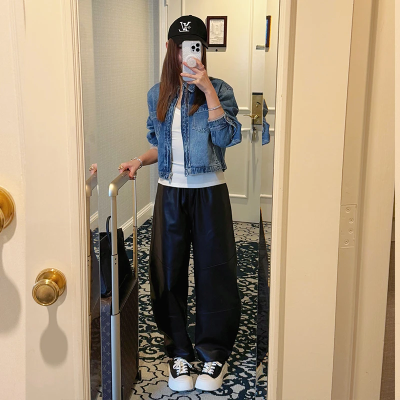 Janie Yee“老钱皮裤” 进口绵羊皮弯刀松紧腰宽松休闲裤女 25A0251