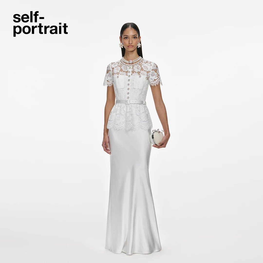 self-portrait 2025秋冬新款纯净白蕾丝缎面假两件礼服连衣裙