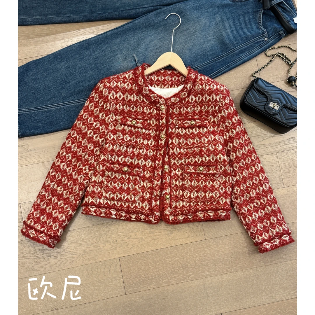 小众设计款菱形格撞色小香风羽绒服2412B6200