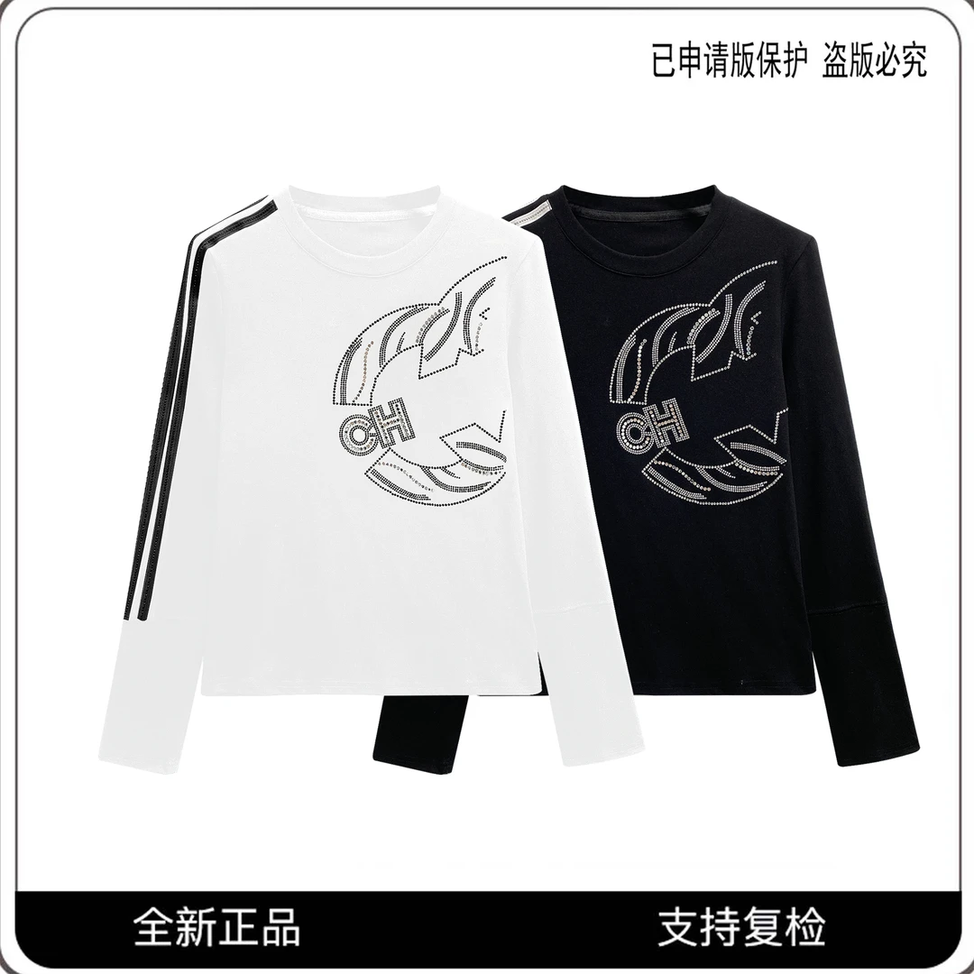 68210#CSIN轻奢时尚重工烫钻圆领长袖T恤2025显瘦休闲个性上衣潮