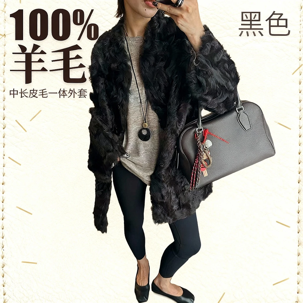 【李嗨嗨 LEHEIHEI】两面穿小湖羊皮毛一体皮草外套女中长款2526897