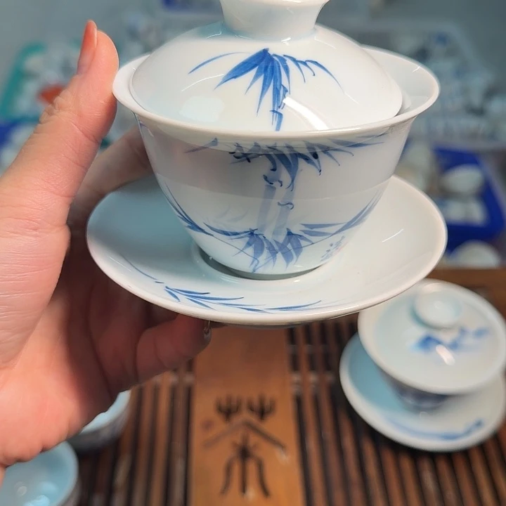 微瑕老物件影青系列文竹三才盖碗