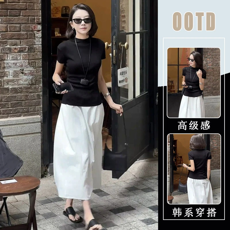 春夏季穿搭一整套高级感简约半高领短袖上衣半身裙酷飒拽姐两件套