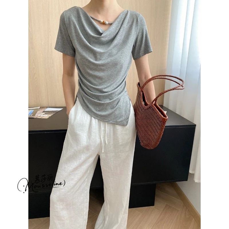 慕莎丽温柔秘籍天丝混纺设计感串珠荡领修身气质短袖T恤夏季百搭