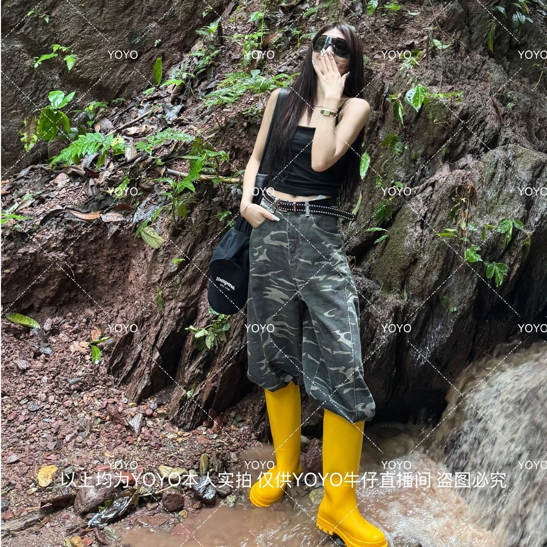 YOYO自制【迷彩牛仔】早秋时尚宽松登山印花水洗牛仔阔腿裤