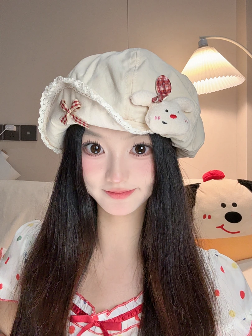 原创设计日系甜美可爱小兔子棉麻八角云朵帽夏季画家报童贝雷帽