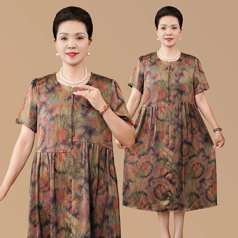 妈妈装夏装夏季新中式圆领盘扣拼接套头连衣裙优雅国风中长款裙子